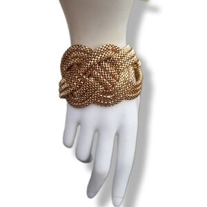 Vintage Gold Mesh Woven Knot Cuff Bracelet Statement Bold 1980s Retro